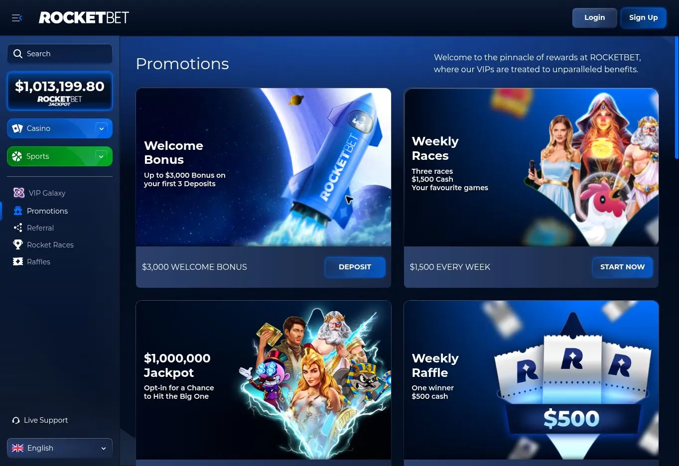 Rocketbet resmî Promosyonlar sayfasında hoş geldin bonusu, haftalık yarışlar, jackpot ve haftalık çekiliş