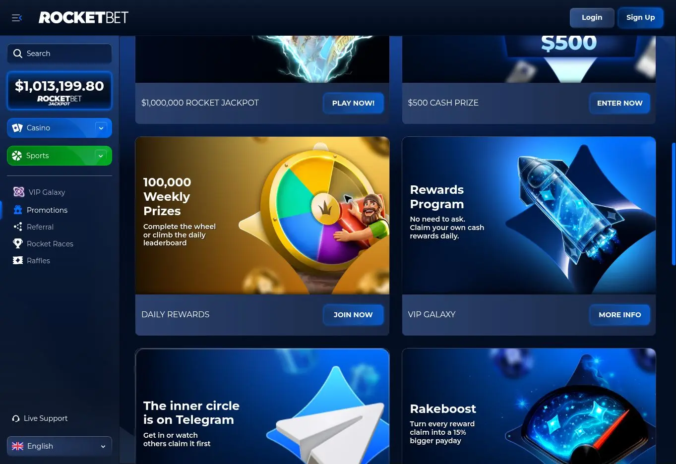 Rocketbet resmî sitesinde haftalık ödüller, VIP Galaxy, Telegram bonusları ve Rakeboost kampanyaları
