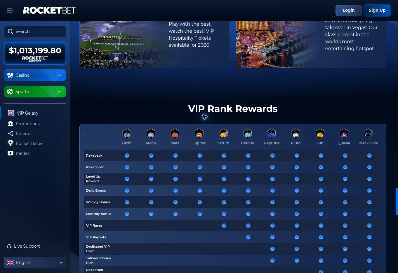Rocketbet resmî VIP Galaxy sayfasında VIP seviyeleri ve seviye bazlı ödüller